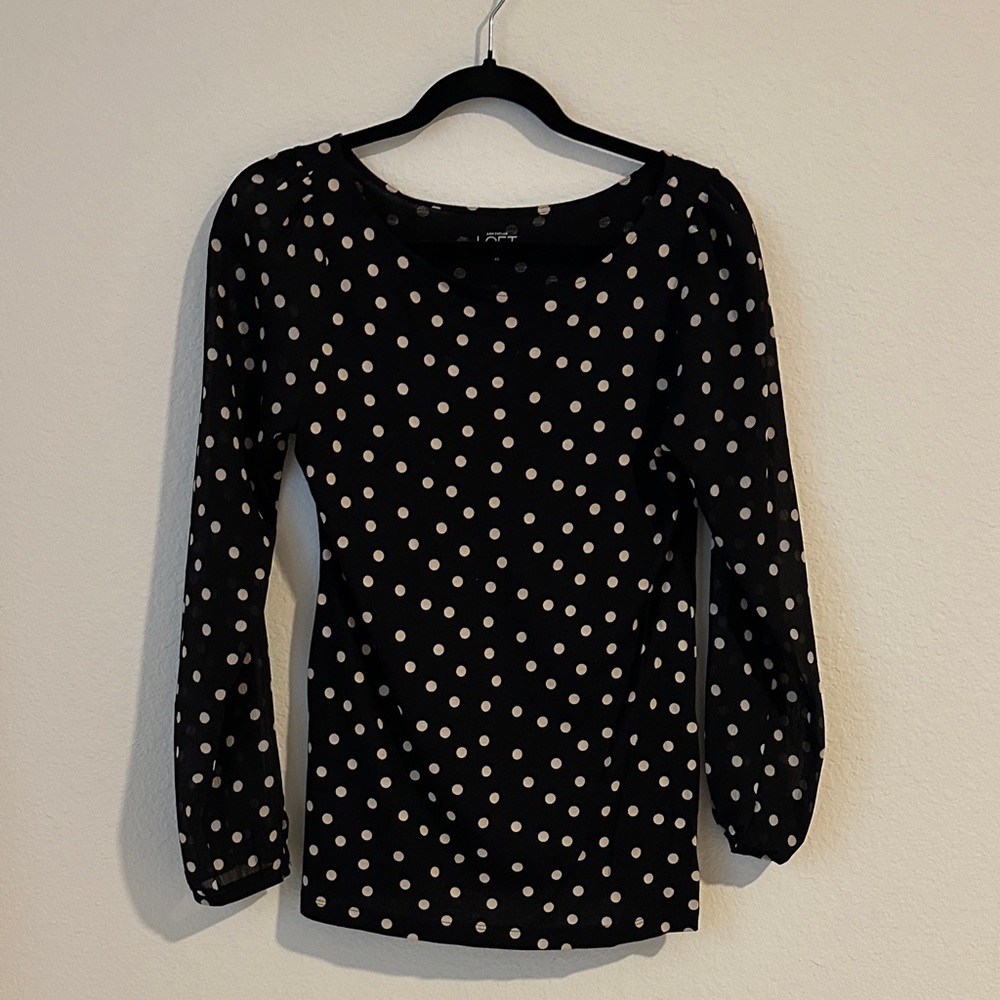 LOFT Black and White Polka Dot Long Sleeve Top